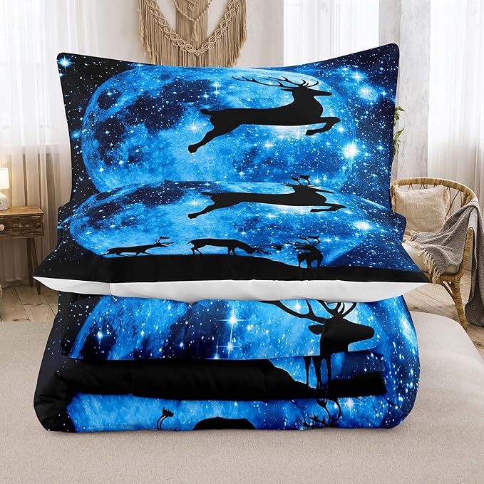 NINENINE Galaxy Deer Comforter Queen Size for Boys Girls Kids,Blue Moonlight Bedding Sets,Outer Space Bedding Set with 1 Comforter 2 Pillowcases - LeafyLoom