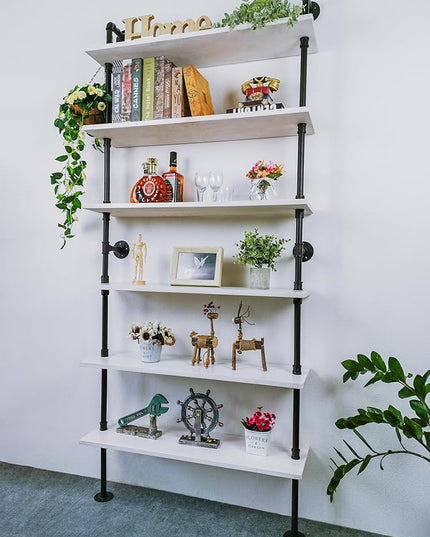 6 Tier Industrial Ladder Shelf Bookcase, Wall Mounted Rustic Bookshelf for Living Room Decor and Storage (White, 6 Tier - 10" D x 36" W x 82.5" H) - LeafyLoom
