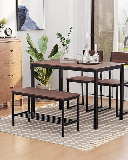 NicBex Dining Table for 4 Breakfast Nook Table Set Industrial 4 Piece Dining Room Table Set with Bench Wooden Kitchen Table and Chairs w/Storage Rack for Kitchen, Dinette, Rustic Brown - LeafyLoom