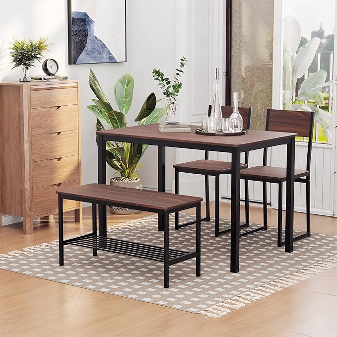 NicBex Dining Table for 4 Breakfast Nook Table Set Industrial 4 Piece Dining Room Table Set with Bench Wooden Kitchen Table and Chairs w/Storage Rack for Kitchen, Dinette, Rustic Brown - LeafyLoom