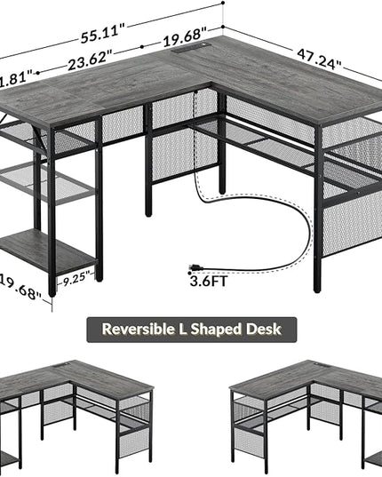 Unikito L Shaped Computer Desk with USB Charging Port and Power Outlet, Reversible Corner Desk with Storage Shelves, Industrial 2 Person Long Gaming Table Modern Home Office Desk, Black Oak - LeafyLoom