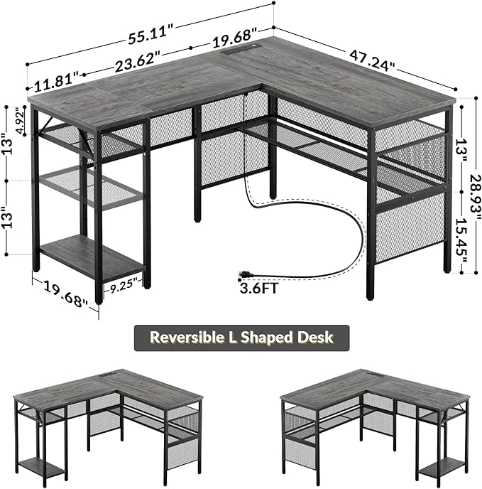 Unikito L Shaped Computer Desk with USB Charging Port and Power Outlet, Reversible Corner Desk with Storage Shelves, Industrial 2 Person Long Gaming Table Modern Home Office Desk, Black Oak - LeafyLoom