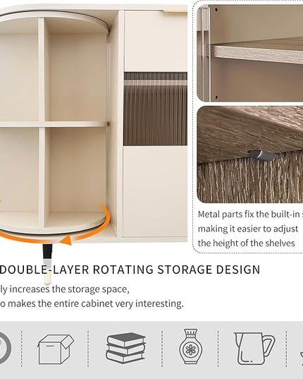 51.1" Rotating Storage Cabinet Sideboard with 2 of Tempered Changhong Glass and 2 Drawers,Wooden Console Table,w/Built-in Shelves & Turntable,for Living Room,Beige - LeafyLoom