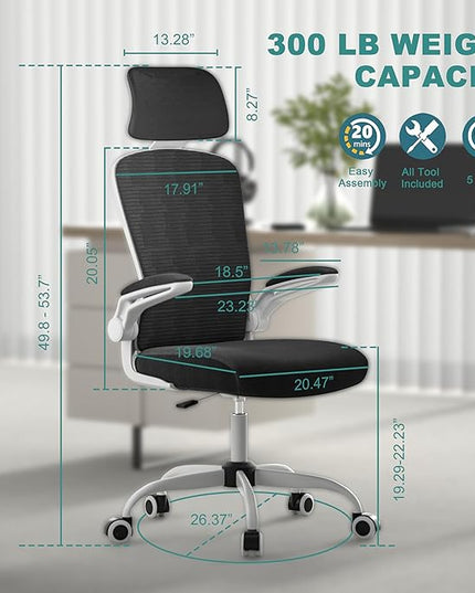 Mimoglad Office Chair, High Back Ergonomic Desk Chair with Adjustable Lumbar Support and Headrest, Swivel Task Chair with flip-up Armrests for Guitar Playing, 5 Years Warranty (Modern, Black) - LeafyLoom