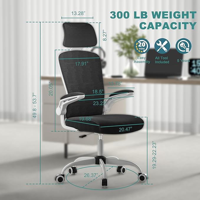Mimoglad Office Chair, High Back Ergonomic Desk Chair with Adjustable Lumbar Support and Headrest, Swivel Task Chair with flip-up Armrests for Guitar Playing, 5 Years Warranty (Modern, Black) - LeafyLoom