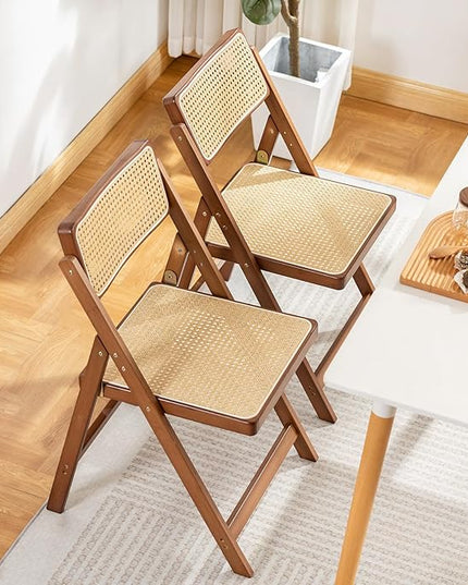 Rattan Folding Chairs, Modern Mid Century Dining Chairs Set of 2, Outdoor Bamboo Chairs for Bedroom Living Room Reading Room Dining Kitchen, Walnut - LeafyLoom