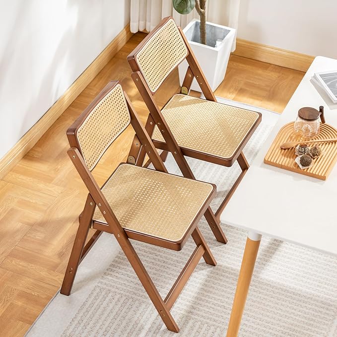 Rattan Folding Chairs, Modern Mid Century Dining Chairs Set of 2, Outdoor Bamboo Chairs for Bedroom Living Room Reading Room Dining Kitchen, Walnut - LeafyLoom