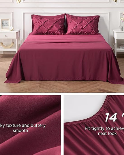 Bedsure Twin/Twin XL Comforter Set with Sheets - 5 Pieces Twin Bedding Sets, Pinch Pleat Burgundy Twin Bed in a Bag with Comforter, Sheets, Pillowcase & Sham - LeafyLoom