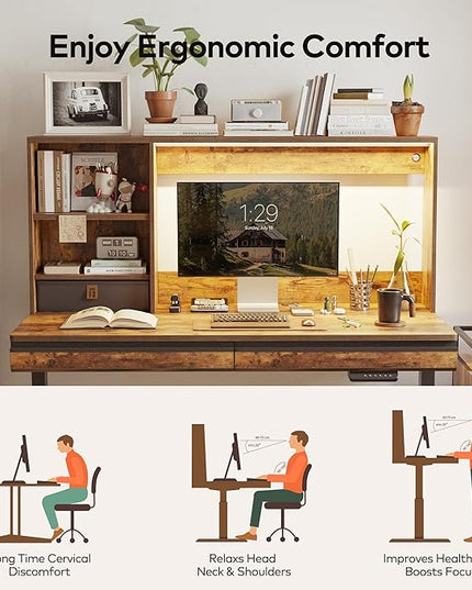 FEZIBO 55 x 27.5 Inches Electric Standing Desk with Open Shelf&LED Strip, Adjustable Height Sit Stand Up Desks with 3 Drawers, Ergonomic Workstation，Rustic Brown - LeafyLoom