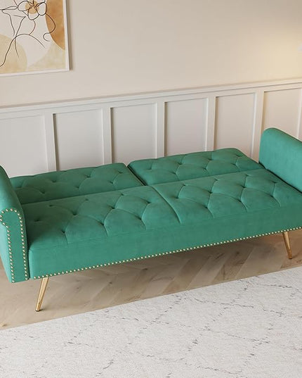 Button Tufted Upholstered Convertible Folding Sleeper Sofa Bed Futon Loveseat Couch Recliner Daybed with Adjustable and Nailhead Trim for Living Room, Bedroom, Green 69.7" - LeafyLoom
