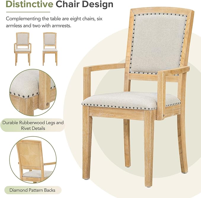 Rustic Extendable 24 inch Removable Leaf, Rubber Wood Kitchen w/6 Upholstered Armless 2 Padded Arm Chairs, Room, Natural+Grey, 9 Piece Dining Table Set - LeafyLoom