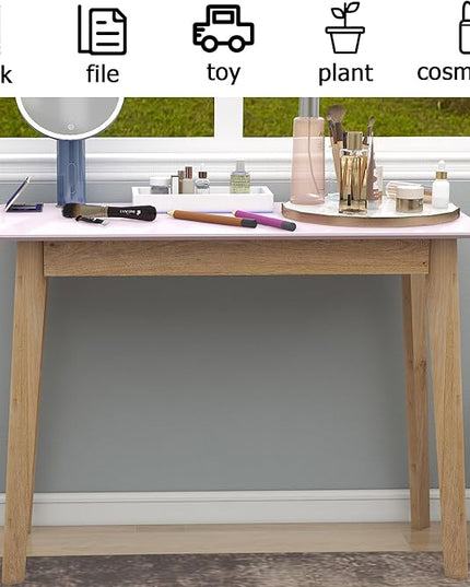TaoHFE Pink Vanity Desk with Solid Rubber Wood Legs Glossy Pink 39 Inch Vanity Table Computer Desk for Home Small Spaces Girl Makeup Desk Modern Vanity Desk No Mirror Dressing Table for Bedroom - LeafyLoom