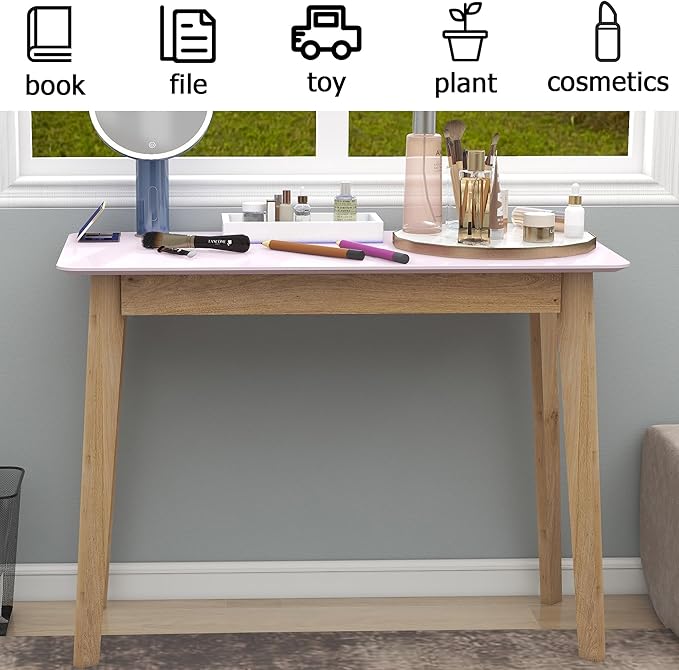 TaoHFE Pink Vanity Desk with Solid Rubber Wood Legs Glossy Pink 39 Inch Vanity Table Computer Desk for Home Small Spaces Girl Makeup Desk Modern Vanity Desk No Mirror Dressing Table for Bedroom - LeafyLoom