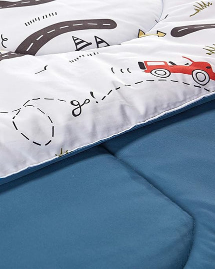 SLEEP ZONE Kids Bedding Comforter Set Full/Queen Size - Super Cute & Soft Kids Bedding 7 Pieces Set with Comforter, Sheet, Pillowcase & Sham (Car Road) - LeafyLoom