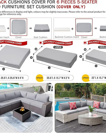 ClawsCover 11Pack Outdoor Seat and Back Cushions Replacement Covers Fit for 5-Seater 6 Pieces Wicker Rattan Patio Conversaton Set Sectional Couch Chairs Furniture,Gray-Include Cover Only - LeafyLoom