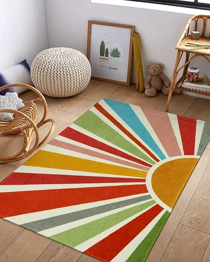 Boho Washable Rug 3'x5' Rug Kids Area Rug for Playroom, Colorful Kids Rug for Bedroom, Non-Slip Throw Sun Carpet Soft Small Sunshine Rug for Office Nursery Entryway Dorm - LeafyLoom