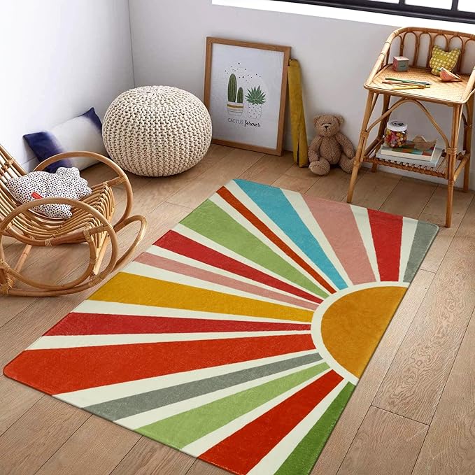 Boho Washable Rug 3'x5' Rug Kids Area Rug for Playroom, Colorful Kids Rug for Bedroom, Non-Slip Throw Sun Carpet Soft Small Sunshine Rug for Office Nursery Entryway Dorm - LeafyLoom