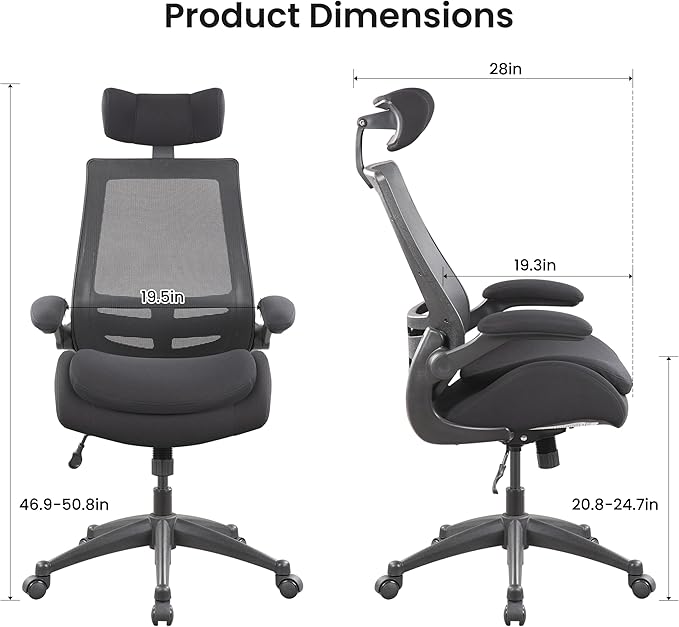 BOLISS 400lbs Ergonomic Mesh Office Chair, High Back Desk Chair - Adjustable Headrest with Flip-Up Arms, Tilt Function, Lumbar Support and Swivel Computer Task Chair -Black - LeafyLoom