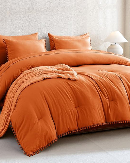 Litanika Queen Size Comforter Set Burnt Orange,3 Pieces Burnt Orange Boho Pom Pom Lightweight Bed Comforter, All Season Solid Color Bedding Comforter Sets (1 Comforter 90x90 Inch, 2 Pillowcases) - LeafyLoom