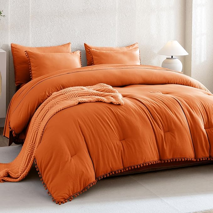 Litanika Queen Size Comforter Set Burnt Orange,3 Pieces Burnt Orange Boho Pom Pom Lightweight Bed Comforter, All Season Solid Color Bedding Comforter Sets (1 Comforter 90x90 Inch, 2 Pillowcases) - LeafyLoom