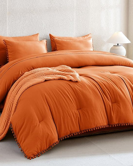 Litanika King Size Comforter Set Burnt Orange,3 Pieces Burnt Orange Boho Pom Pom Lightweight Bed Comforter, All Season Solid Color Bedding Comforter Sets (1 Comforter 104x90 Inch, 2 Pillowcases) - LeafyLoom