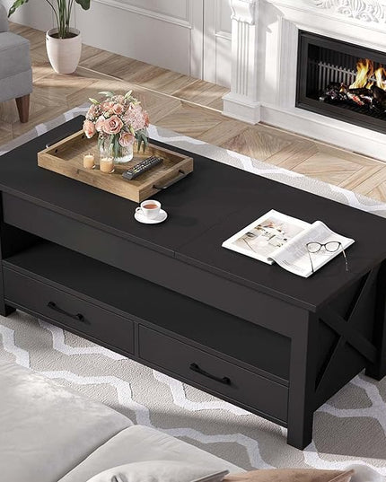 Seventable Coffee Table, 47.2" Lift Top Coffee Table with 2 Storage Drawers and Hidden Compartment, X Wood Farmhouse Support, Retro Center Table with Lift Tabletop for Living Room,Black - LeafyLoom