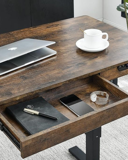 Electric Standing Desk with Drawer,48 x 24 Inches Standing Desk Adjustable Height Desk with 12W Wireless Charging,One-Piece Wooden Desktop Sit Stand Up Desk, Memory Home Office Desks - LeafyLoom