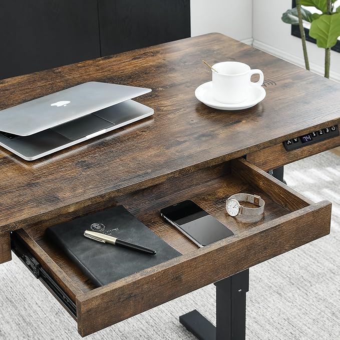 Electric Standing Desk with Drawer,48 x 24 Inches Standing Desk Adjustable Height Desk with 12W Wireless Charging,One-Piece Wooden Desktop Sit Stand Up Desk, Memory Home Office Desks - LeafyLoom