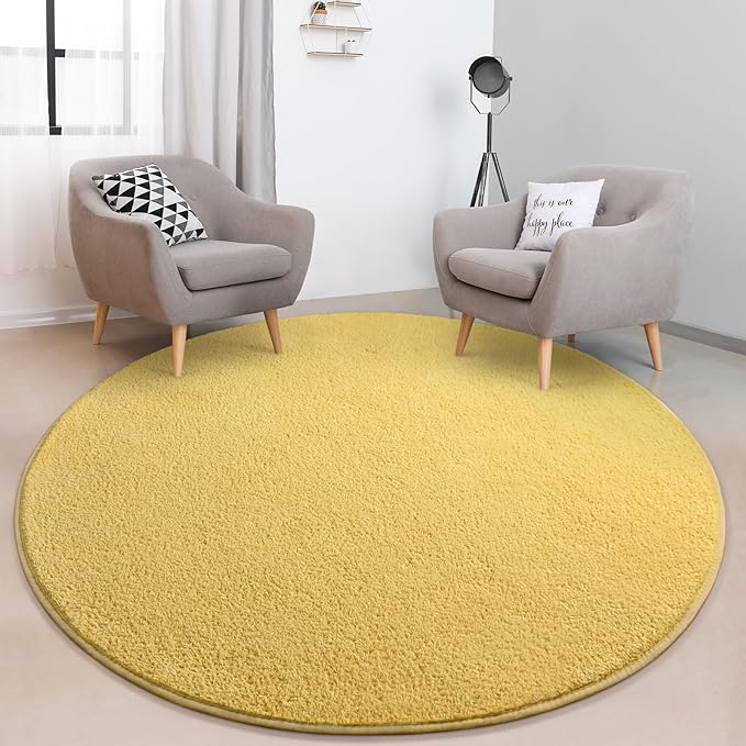 Round Area Rugs for Bedroom Living Room, 4x4 Yellow Super Soft Comfy Thickened Memory-Foam Indoor Circle Carpets, Modern Aesthetic Minimalist Carpet for Boys Girls Adults Nursery Home Décor - LeafyLoom