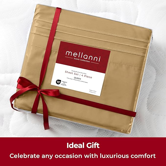 Mellanni Twin Sheets Set - 3 PC Iconic Collection Bedding Sheets & Pillowcases - Hotel Luxury, Extra Soft, Cooling Bed Sheets - Deep Pocket up to 16 inch (Twin, Gold) - LeafyLoom
