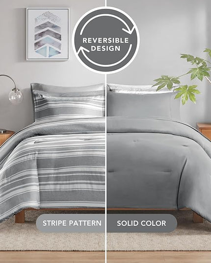 King Size Bed in a Bag, Full Bedding Sets, Modern Farmhouse Grey and White Striped Comforter with Sheets, 7-Piece Complete Bedroom Set - LeafyLoom