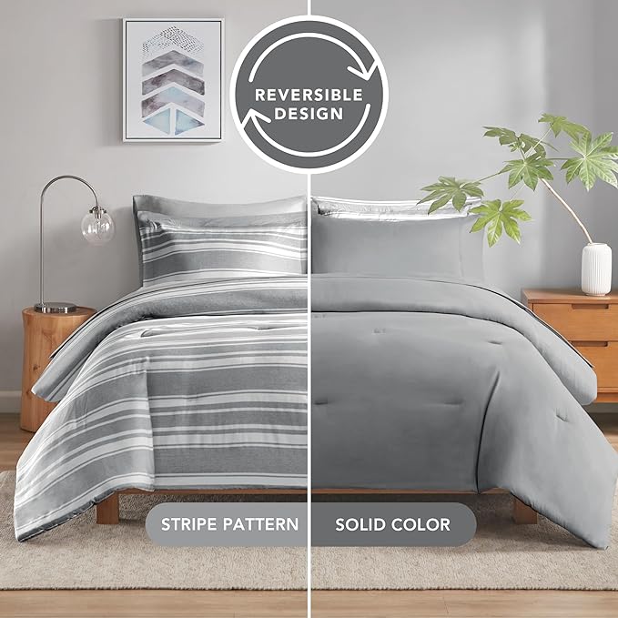 Queen Size Bed in a Bag, Full Bedding Sets, Modern Farmhouse Grey and White Striped Comforter with Sheets, 7-Piece Complete Bedroom Set - LeafyLoom