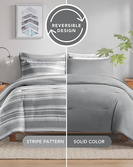 Full-size Bed in a Bag, Full Bedding Sets, Modern Farmhouse Grey and White Striped Comforter with Sheets, 7-Piece Complete Bedroom Set - LeafyLoom
