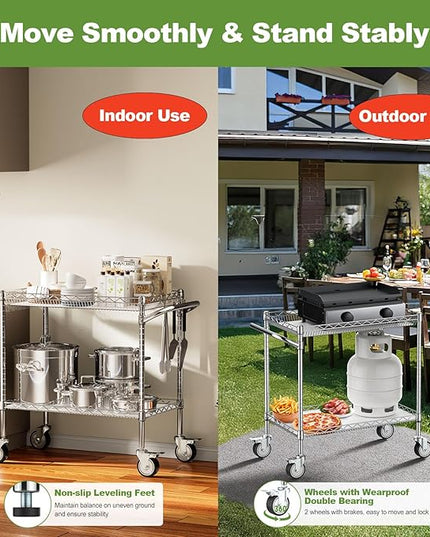 2 Tier Outdoor Grill Table, Heavy Duty 900LBS Grill Cart on Wheels, NSF Certified Grill Stand with Handle for Blackstone Griddle, Ninja Grill, Pizza Oven Table for Outside BBQ, Chrome - LeafyLoom