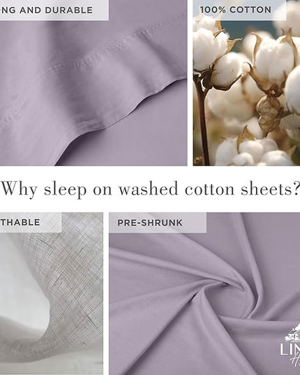 Linen Home Washed Cotton Percale King Sheet Set, Iris Lilac, Deep Pocket, 4 Pieces Bed Sheets - 1 Flat Sheet, 1 Fitted Sheet & 2 Envelope Closure Pillowcases, Cool and Comfortable Bed Linen - LeafyLoom