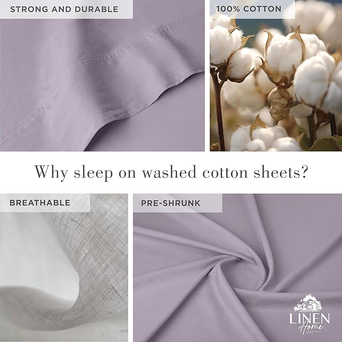 Linen Home Washed Cotton Percale King Sheet Set, Iris Lilac, Deep Pocket, 4 Pieces Bed Sheets - 1 Flat Sheet, 1 Fitted Sheet & 2 Envelope Closure Pillowcases, Cool and Comfortable Bed Linen - LeafyLoom