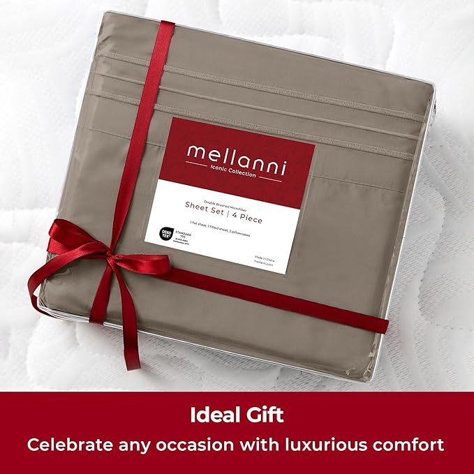 Mellanni Twin Sheets Set - 4 Piece Iconic Collection Bedding Sheets & Pillowcases - Luxury, Ultra Soft, Cooling Bed Sheets - Deep Pocket up to 16 inch - 4 PC (Twin, Dark Taupe w/Extra Pillow Case) - LeafyLoom