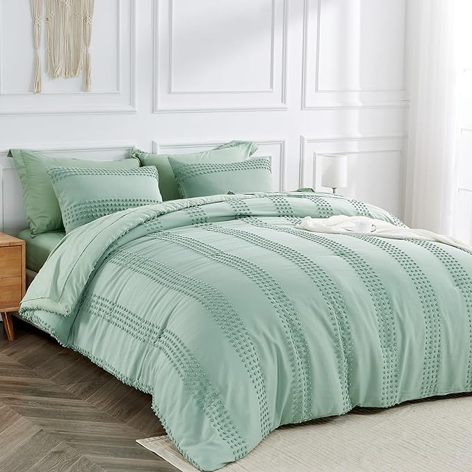 ENJOHOS Sage Green Queen Comforter Set - Boho Bedding Sets Queen Size, 3 PCS Tufted Comforter with Pom Pom Design for All Season, Lightweight Soft Microfiber Cooling Comforter with 2 Pillow Cases - LeafyLoom