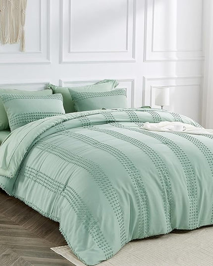 ENJOHOS Sage Green Full Size Comforter Set Boho Bedding Full for Teen Girls, 3 PCS Tufted Comforter with Pom Pom Design for All Season Lightweight Soft Microfiber Comforter with 2 Pillow Cases - LeafyLoom