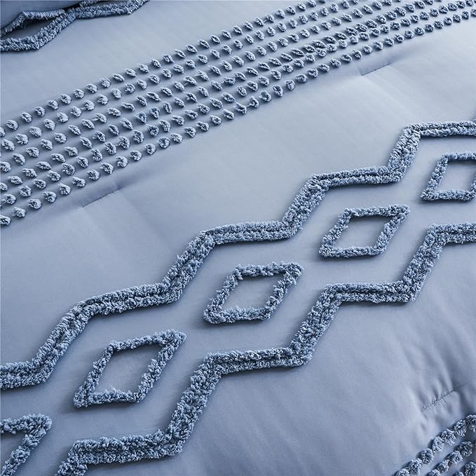 KAKIJUMN Blue Tufted Comforter Set King Size 7 Piece Bed in a Bag, Shabby Chic Boho Comforter and Sheet Set, Pom Pom Textured Bed Set, All Season Soft Microfiber Complete Bedding Set(Blue,King) - LeafyLoom