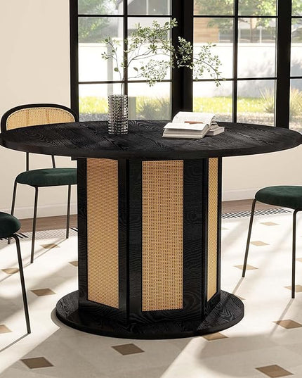 DWVO Round Dining Table for 4-6 People, 47 Inch Farmhouse Kitchen Table with Rattan Circular Base, Wooden Dinner Table for Dining Room Family Gathering, Black - LeafyLoom