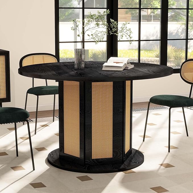 DWVO Round Dining Table for 4-6 People, 47 Inch Farmhouse Kitchen Table with Rattan Circular Base, Wooden Dinner Table for Dining Room Family Gathering, Black - LeafyLoom
