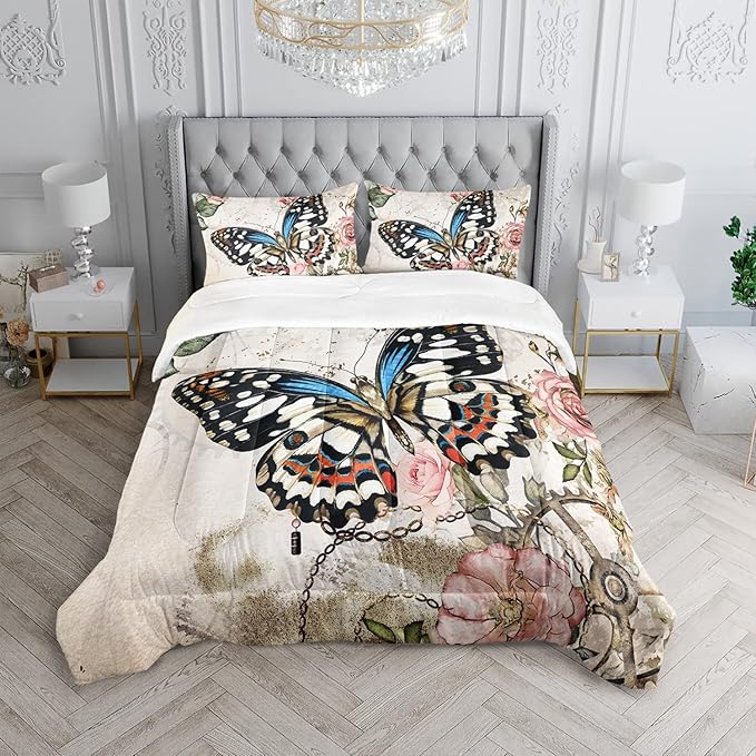 Butterfly Comforter Set for Girls Kids Adults Butterfly Rose Bedding Set Aesthetics Butterflies Quilt Duvet Set Queen Size with 1 Comforter and 2 Pillowcases - LeafyLoom