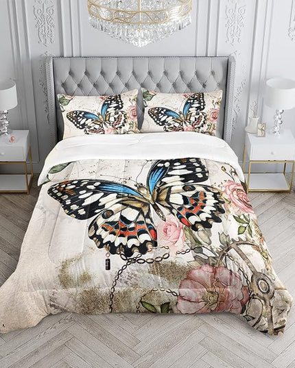 Butterfly Comforter Set for Girls Kids Adults Butterfly Rose Bedding Set Aesthetics Butterflies Quilt Duvet Set Full Size with 1 Comforter and 2 Pillowcases - LeafyLoom