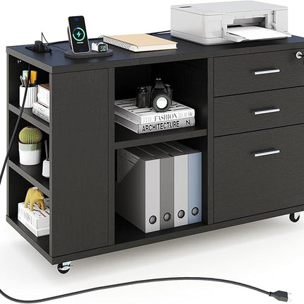 YITAHOME File Cabinet with Charging Station, Mobile Lateral Filing Cabinet with Lock for Home Office, Printer Stand with Open Storage Shelf, Fits A4, Letter, Legal Size Files, Office Furniture, Black - LeafyLoom