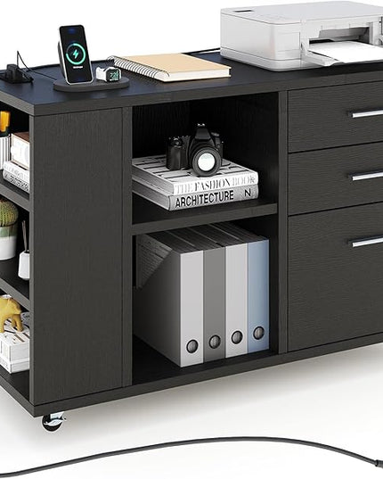 YITAHOME File Cabinet with Charging Station, Mobile Lateral Filing Cabinet with Lock for Home Office, Printer Stand with Open Storage Shelf, Fits A4, Letter, Legal Size Files, Office Furniture, Black - LeafyLoom
