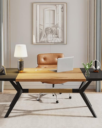 63" W Executive Desk, Extra Sturdy Thickened Wooden Workstation Study Desk Computer Desk Large Home Office Writing Desk for Home Office - LeafyLoom