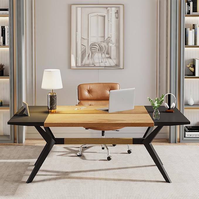 63" W Executive Desk, Extra Sturdy Thickened Wooden Workstation Study Desk Computer Desk Large Home Office Writing Desk for Home Office - LeafyLoom