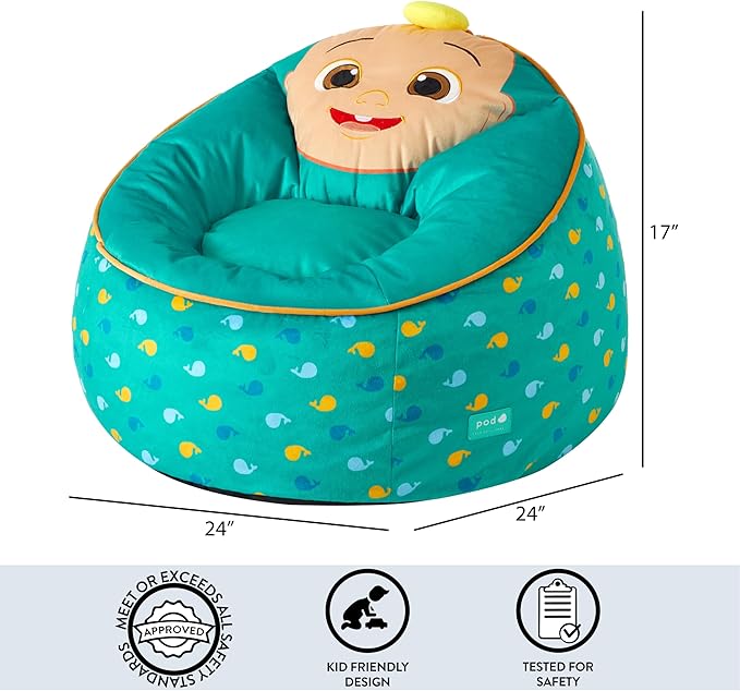 Idea Nuova Cocomelon Hillside by pod Kids Plush Bean Bag Chair, 24"x24"x25,Ages 3+ - LeafyLoom