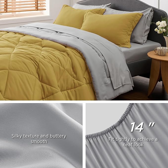 Bedsure Mustard Yellow California King Comforter Set - 7 Pieces Reversible Cal King Bed in a Bag, Cal King Mustard Yellow and Grey Bed Set with Comforters, Sheets, Pillowcases & Shams - LeafyLoom